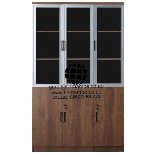 Armário Executivo de Madeira com 3 Portas de Vidro e 3 Portas de Madeira